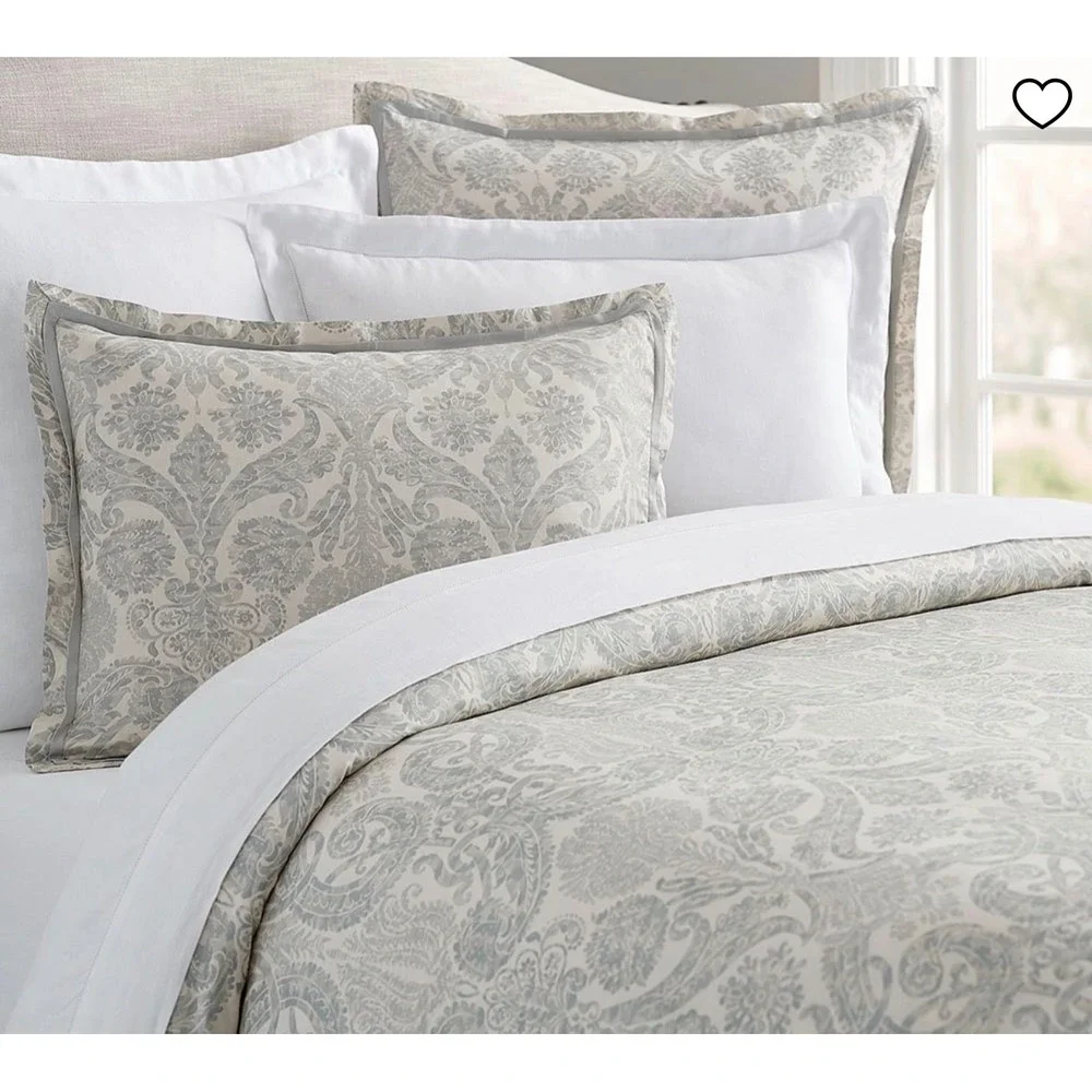 Pottery Barn Samantha Damask Sateen Duvet Cover Blue White Cotton Full Queen